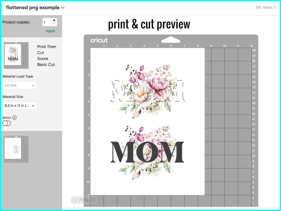 screenshot of print and cut preview showing 2 copies of flattened image, one with scored text, the other that will have text cut out of it. the scored image base and cut text will be used to create a raised text eclipse card