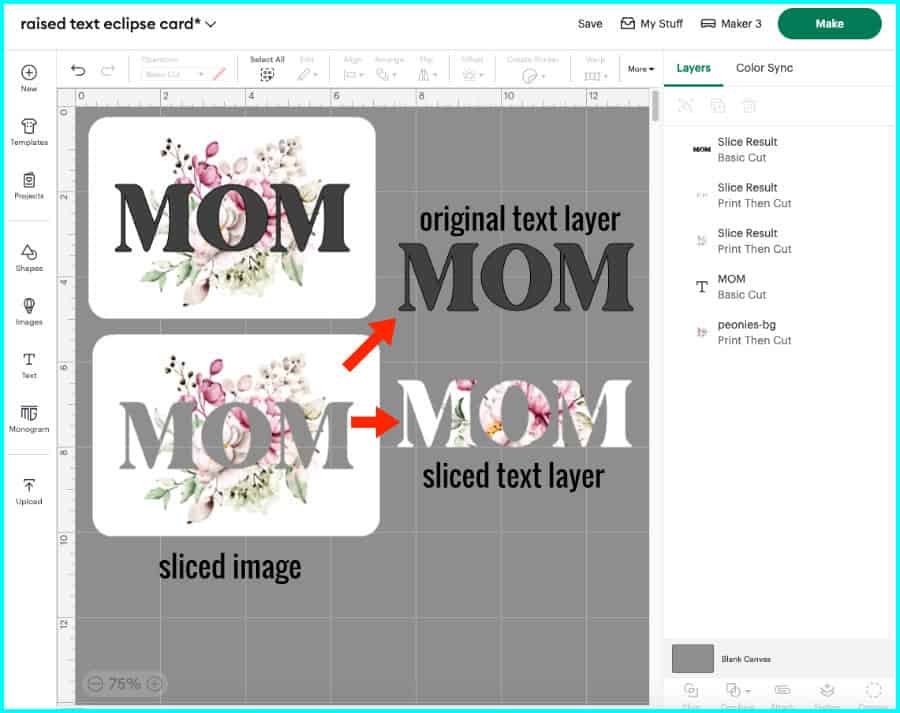 screenshot showing text sliced out of image for making raised text eclipse card