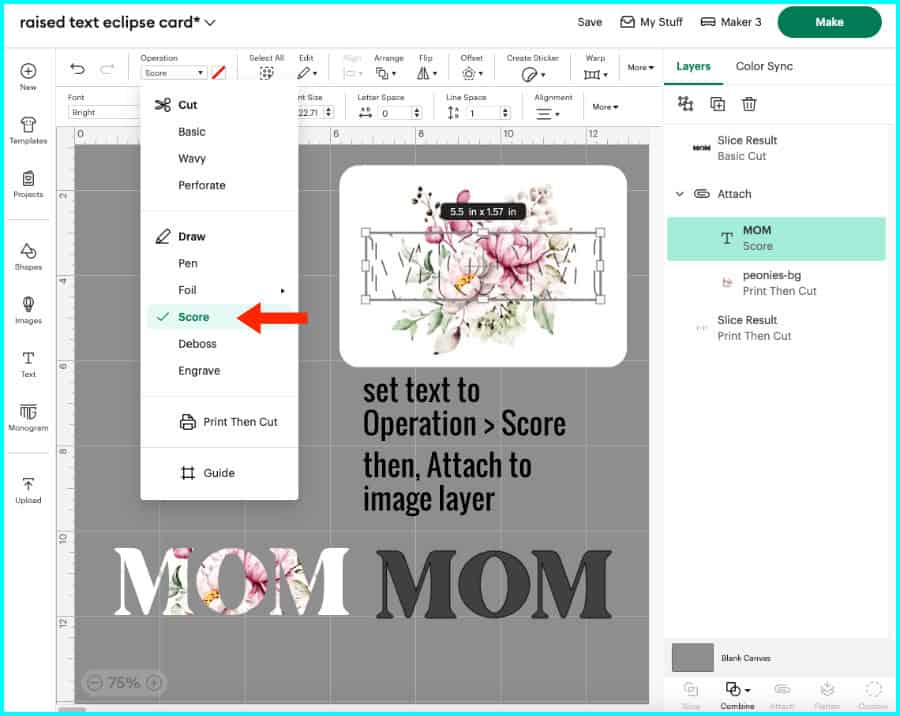 screenshot from cricut design space showing changing text to a score line for image base of raised text eclipse card
