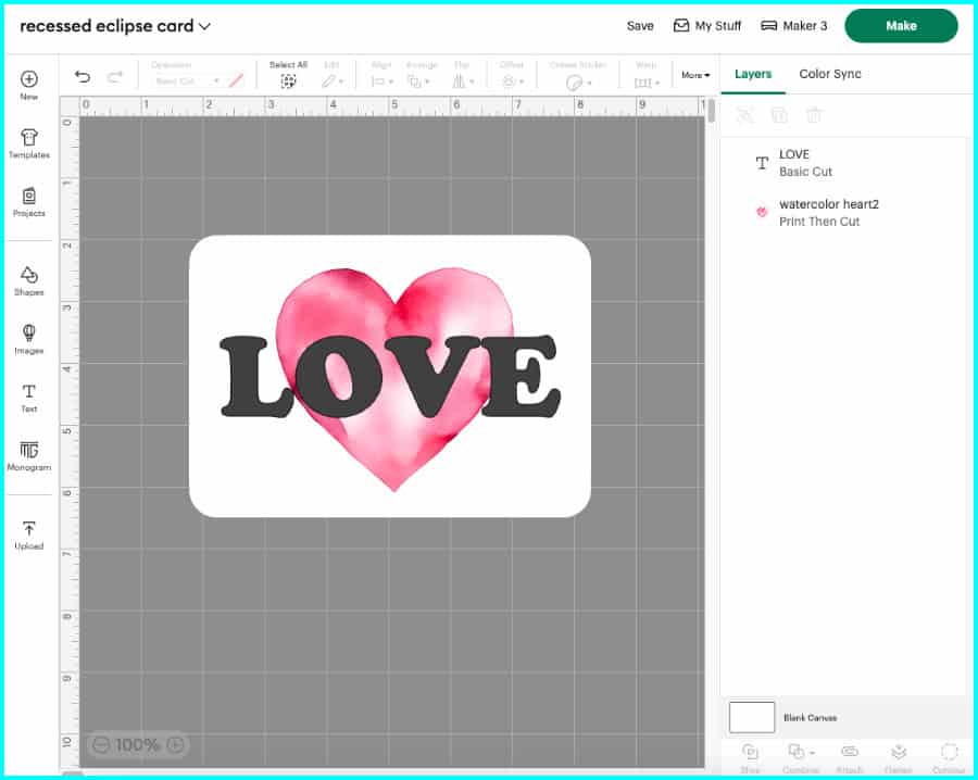 cricut design space screenshot of resized image + text on canvas, LOVE written over a watercolor heart image. image is for recessed text eclipse card tutorial