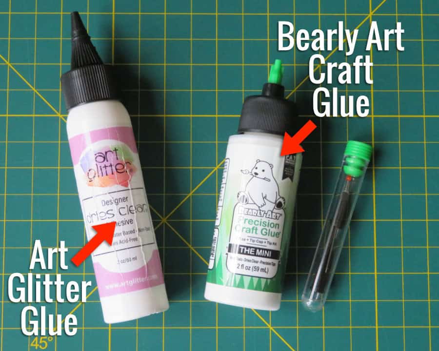 photo of bottles of glue for cardmaking: Art Glitter brand and Bearly Art brand