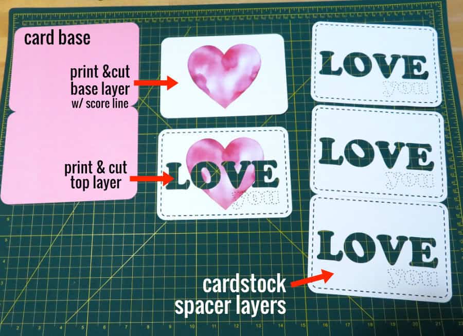 photo of all cardstock components to make recessed text eclipse card: card base, image base with scored text, 3 spacer layers, and top printed layer