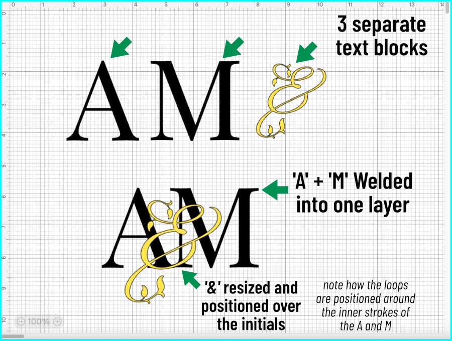 screenshot showing arrangement of letters for making an intertwined monogram using serif and script fonts