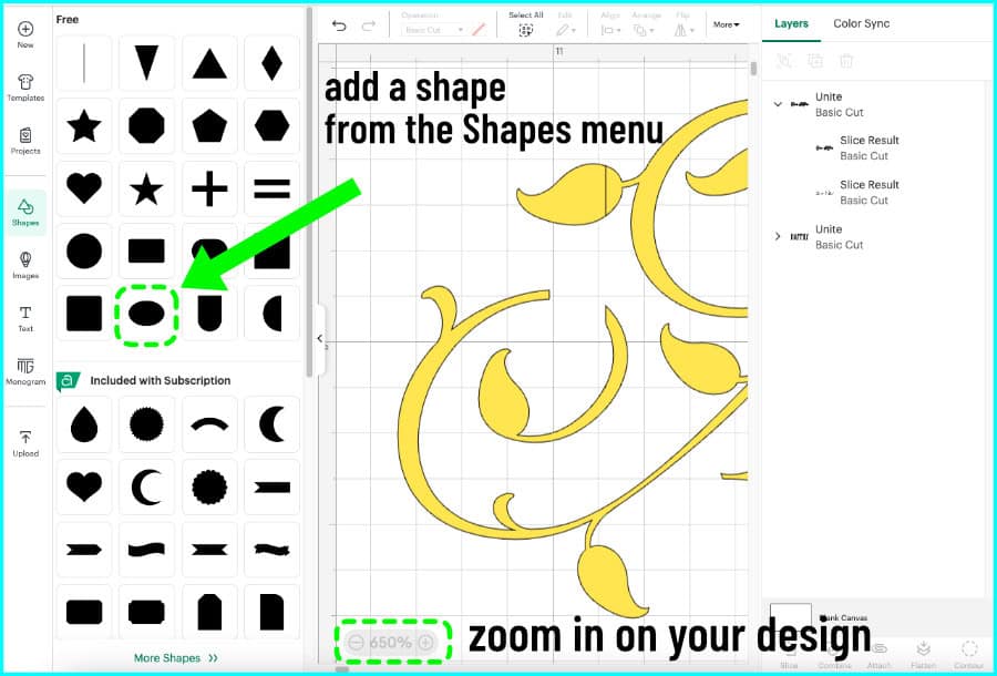 closeup of part of the A in After revealing an internal cut line. The Shapes menu is open and an oval is highlighted