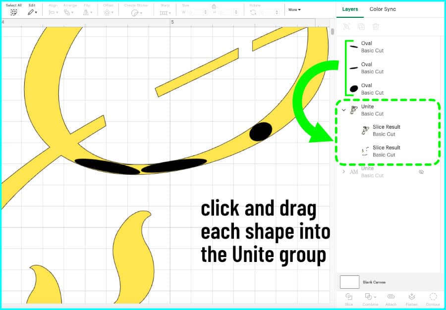 closeup of the patch shapes being highlighted in the design space layers panel so they can be dragged into the Unite group with the other parts of the ampersand shape, thus patching the internal cut lines