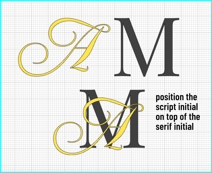 design space screenshot showing script and serif initials that will be combined to make an intertwined 2 letter wedding monogram