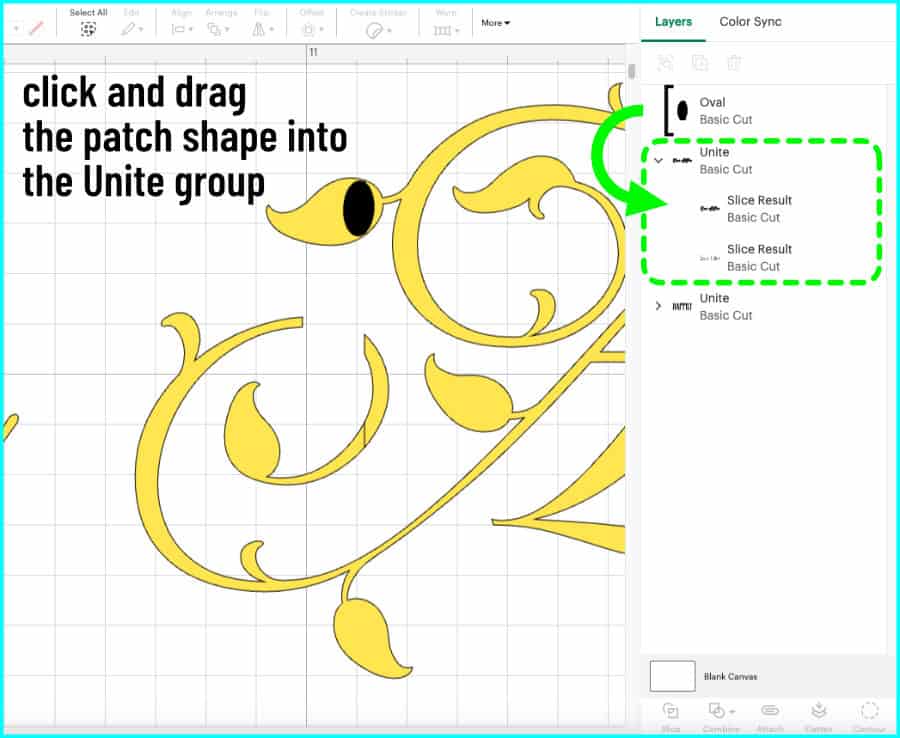 closeup of the oval patch shape being highlighted in the Layers panel so it can be dragged into the Unite group with the other parts of the Ever After script text, patching the internal cut line