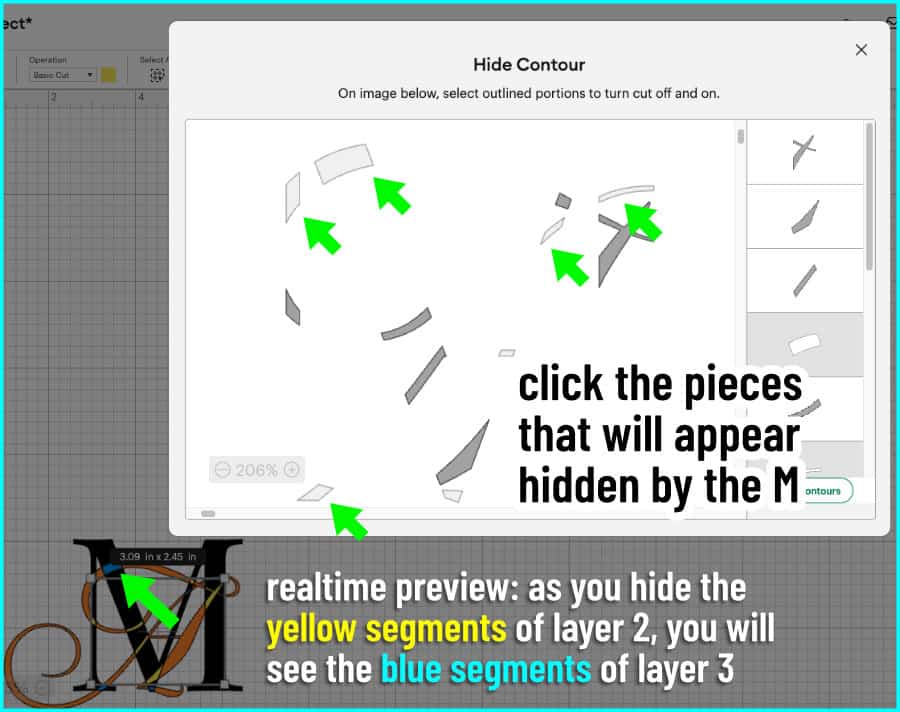design space screenshot showing the Contour tool being used to hide segments of the sliced A initial so that they will appear hidden behind the serif M initial in the 2 letter monogram. the realtime progress on the canvas explains that as the segments of layer 2 are hidden, the corresponding segments of layer 3 are revealed