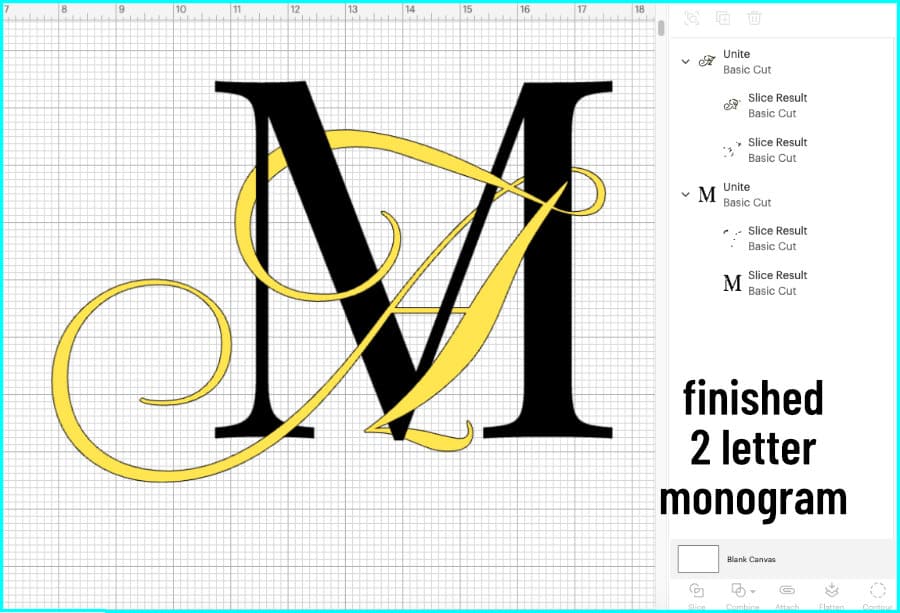 screenshot showing the finished 2 letter monogram design including the Design Space Layers Panel showing how each layer is a combination of 2 sliced layers