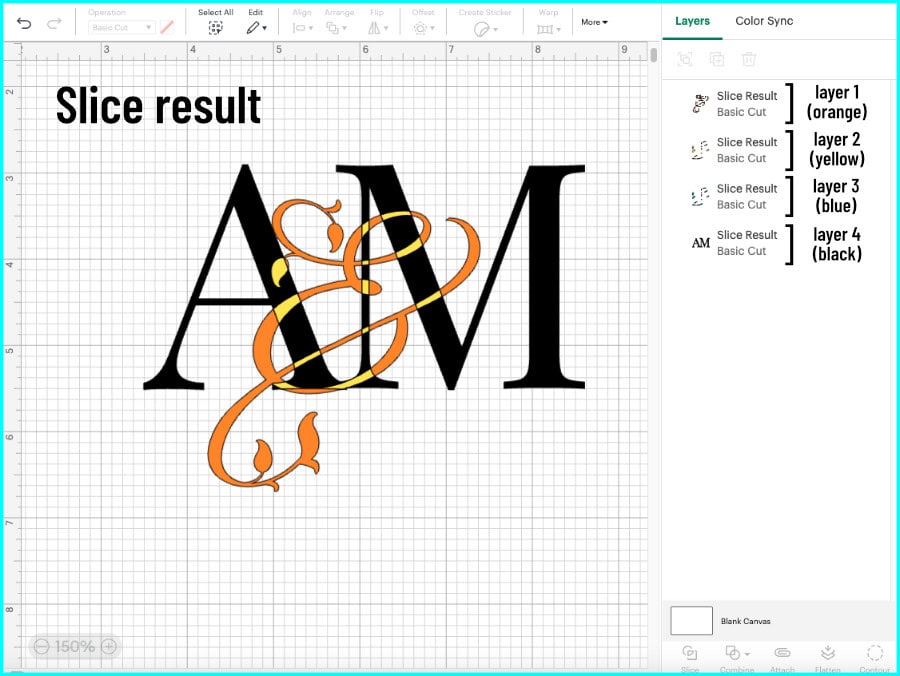 design space screenshot showing the results of the slice operation between the 2 layers of the monogram, resulting in 4 layers, which have been labelled by color code in the right hand layers panel
