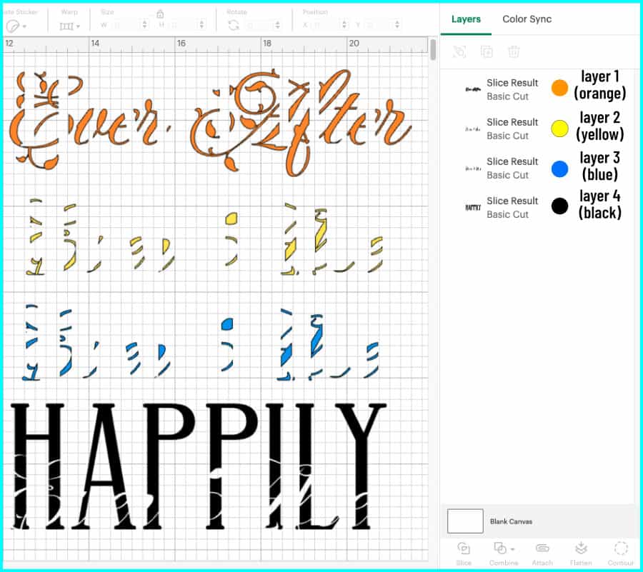 an expanded view of the Slice results, showing what each of the sliced layers look like and how they have been color coded to make the intertwined text technique easier to follow