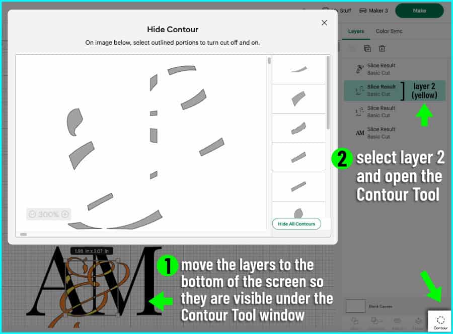 Design Space screenshot annotated to show the monogram artwork moved to the bottom on the screen so as to be visible when the Contour tool is open.