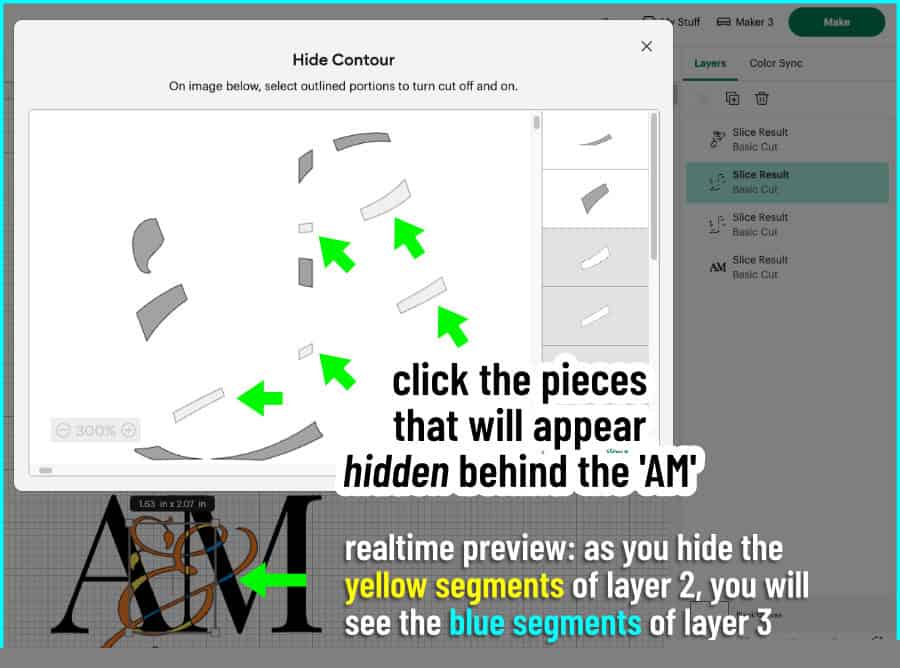 design space screenshot showing the contour tool in use hiding segments of the script character that will appear hidden behind the serif characters of the monogram