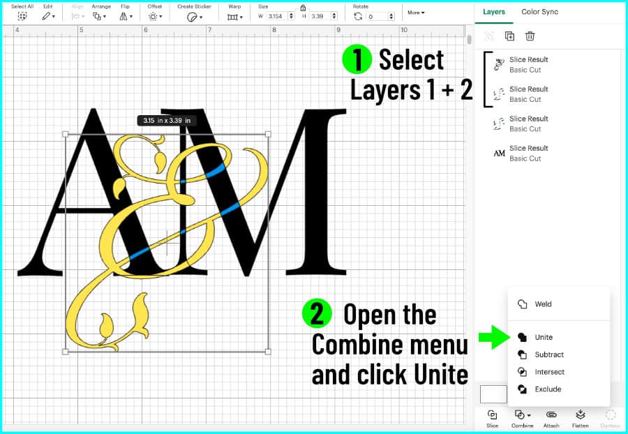 Design Space screenshot showing the Unite function in the Combine menu being used to weld the top two layers of the monogram design together
