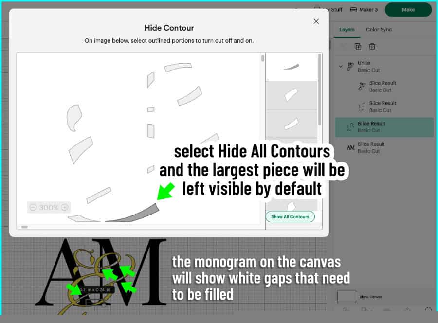 design space screenshot showing the Contour tool opened and all segments of the layer hidden except the largest piece, which is shown by default. The version on the canvas will show white gaps in the monogram that need to be filled to complete the design