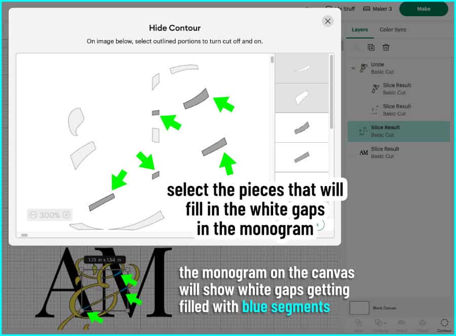 design space screenshot showing the Contour tool opened and specific pieces of the layer selected to fill corresponding white gaps in the monogram. The monogram on the canvas shows the white gaps getting filled with blue segments