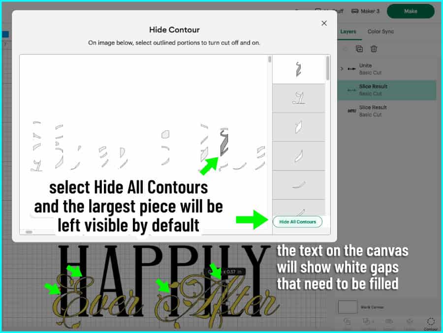 design space screenshot showing the Contour tool opened and all segments of layer 3 hidden except the largest piece, which is shown by default. The version on the canvas will show white gaps in the base text that need to be filled to complete the design