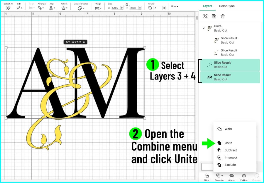 design space screenshot showing the 3rd and 4th layer of the monogram design, representing the solid serif letters being combined into one layer using the Unite tool
