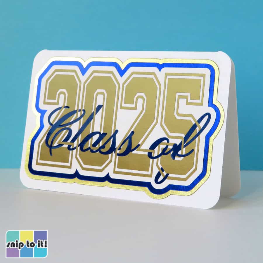 Class of 2025 card featuring interwoven text, with script text weaving between inner and outer parts of 2025 in a varisyt font