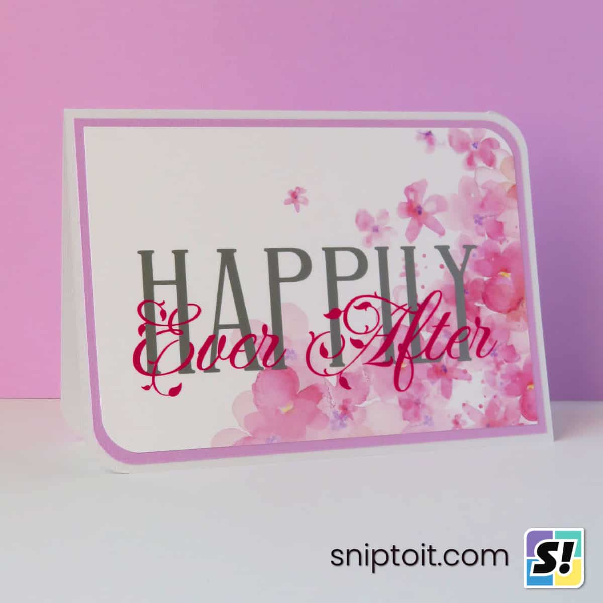 HAPPILY Ever After wedding congratulations card featuring intertwined text technique created in Cricut Design Space