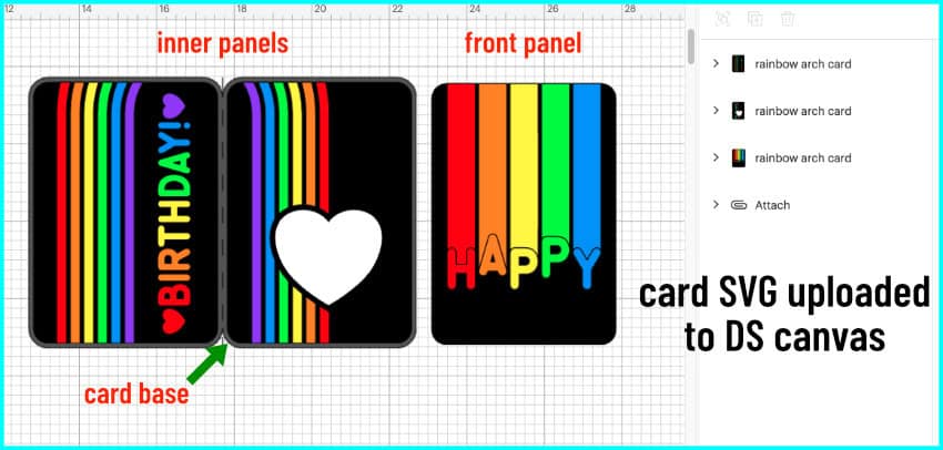rainbow birthday card SVG seen in Design Space screenshot, consists of a base, front and 2 inside panels