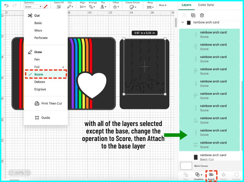 screenshot of second step in creating a scored guideline for cardstock placement. Front panel design has been changed to score lines and attached to base panel