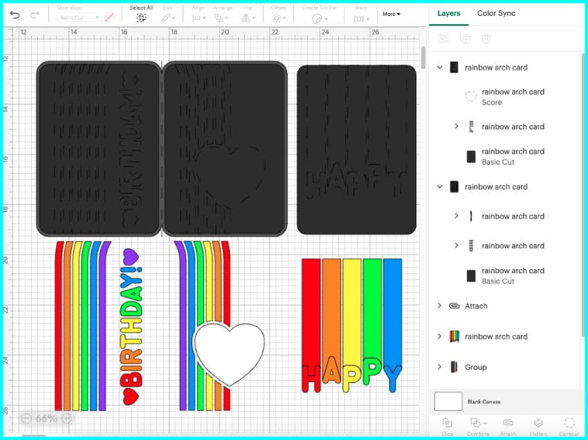 screenshot of rainbow birthday card in design space, each panel now has an attached scored version of the design