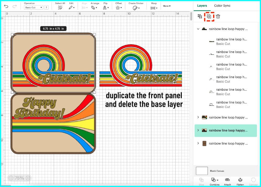 cricut design space screenshot of retro roller rink birthday card SVG, showing card base and front and inside panels. Front panel has been duplicated as a first step to creating a drawn pen guideline for the design
