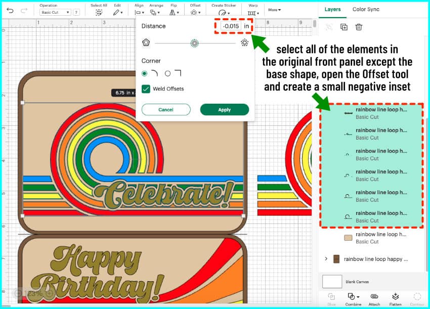 screenshot of retro birthday card in design space, showing front panel design selected to create an inset (negative offset)