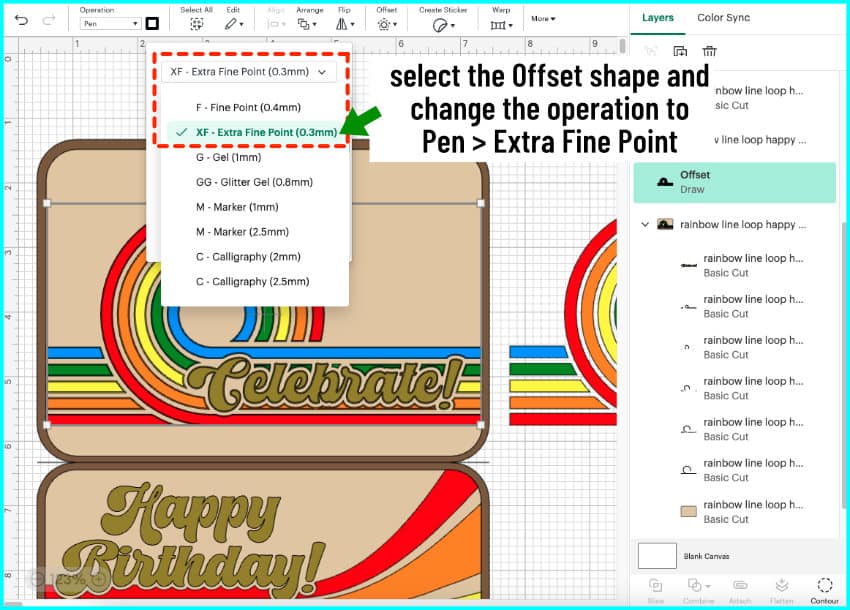 screenshot showing front panel of retro birthday card in second stage of creating a pen guideline for the design. design offset is selected and the operation is being changed to draw>pen>extra fine point pen