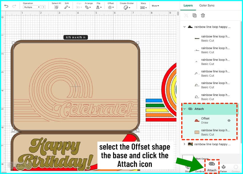 screenshot of retro birthday card in design space. Inset of front panel design has been changed to a pen line and attached to the base, and the rest of the original design layers have been deleted