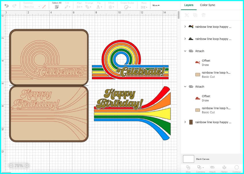 screenshot of retro birthday card in design space showing both panels now have drawn guidelines and the card is ready to Make