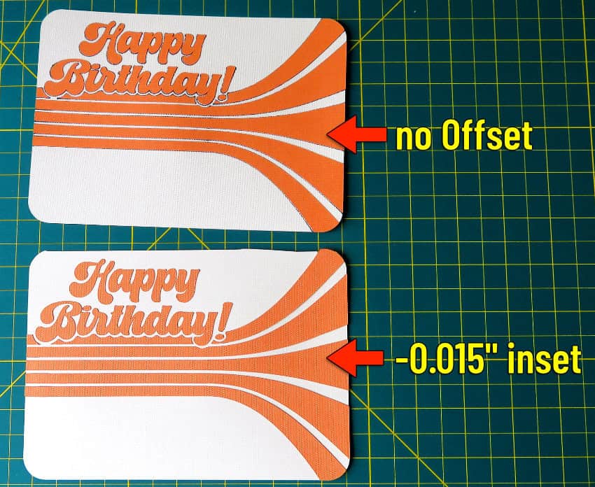 photo of 2 test panels with drawn guidelines for the design. Top panel with a direct copy of the design shows ink line around the cardstock design elements. Bottom panel with an inset drawn guideline has the pen lines completely covered by cardstock elements