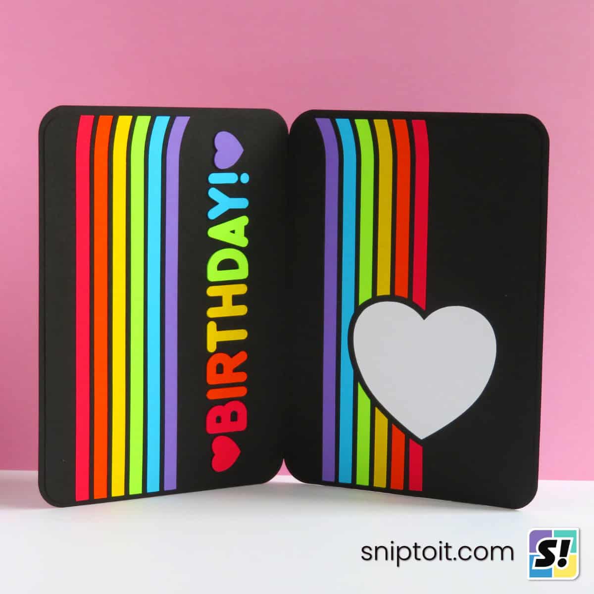 photo of inside of rainbow happy birthday card, made by adding cardstock to base panels scored to create guideline for adding design elements