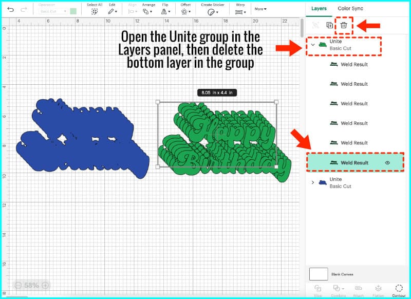 screenshot showing how to create each layer for bottom-right skewing rainbow text. Duplicate the united text, change the color, open the unite group for the new layer and delete the bottom layer of text