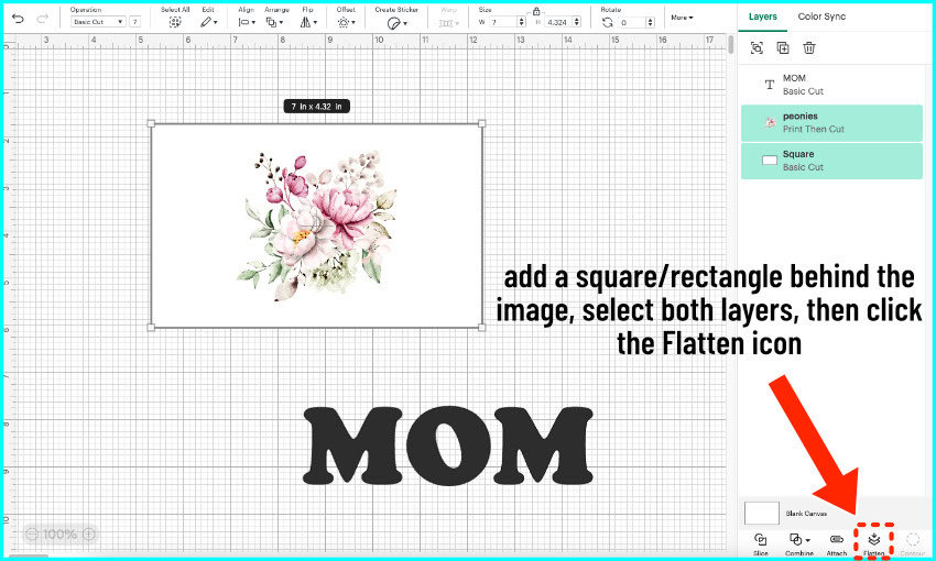 screenshot of design space showing an image with a transparent background being flattened to a solid background shape for print then cut