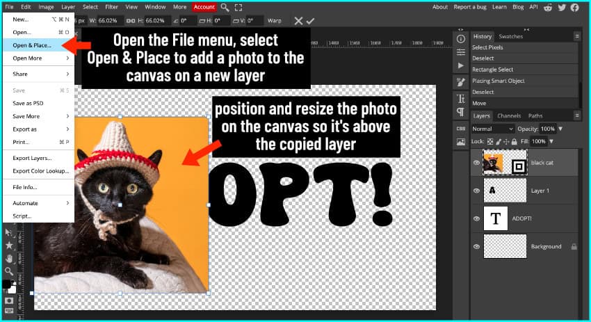 photopea screenshot showing how to open and place a photo for masking after creating a new layer as a mask