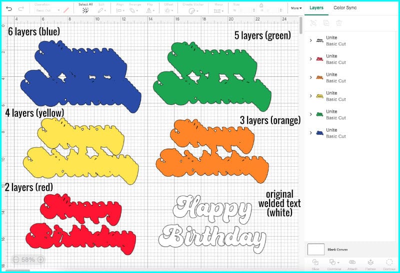 screenshot showing all the layers for the rainbow layered text cake topper that skews to the bottom right