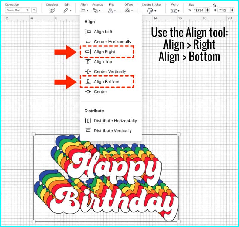 screenshot showing how to do the final alignment of layers for the bottom-right-skewing rainbow text