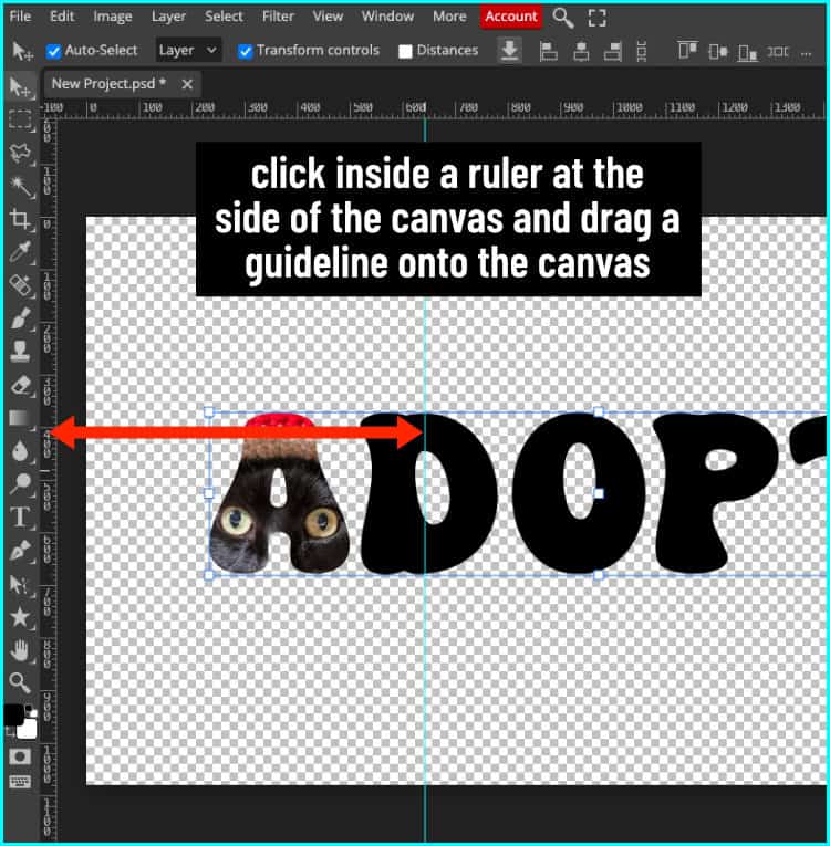 screenshot showing how to add a guideline to the photopea canvas