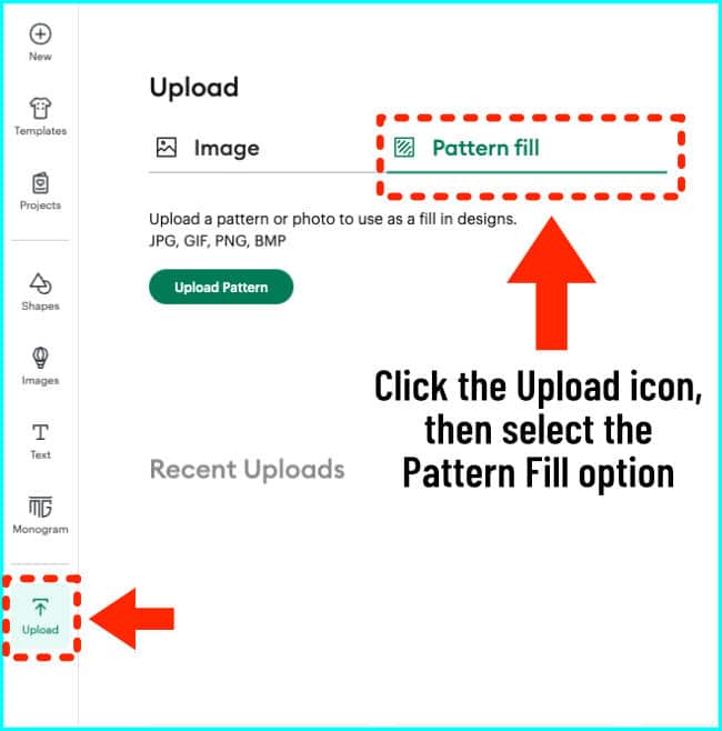 screenshot showing how to upload an image to the design space pattern library for pattern fill