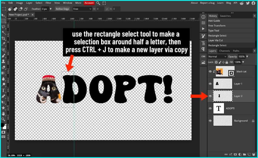 photopea screenshot showing how to copy half of a letter to its own layer to use as a mask