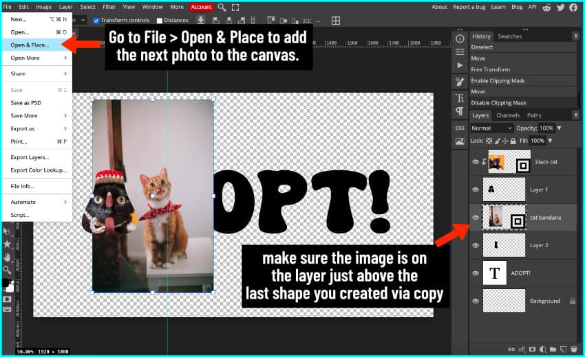 photopea screenshot showing how to open & place a new photo in the layer above the new mask layer (in this case, the first half of the letter D)