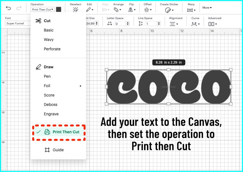 design space screenshot showing text on the canvas, where the operation will be changed to print then cut in order to use pattern fill