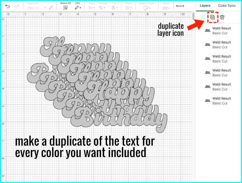 screenshot of Cricut Design Space showing retro Happy Birthday text duplicated 5 times, 1 copy for each color of rainbow text layer
