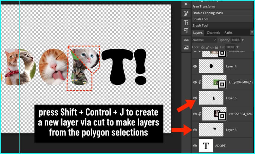 screenshot of photopea showing the creation of a new layer via cut instead of copy, cutting to create 2 new shapes to separate a letter