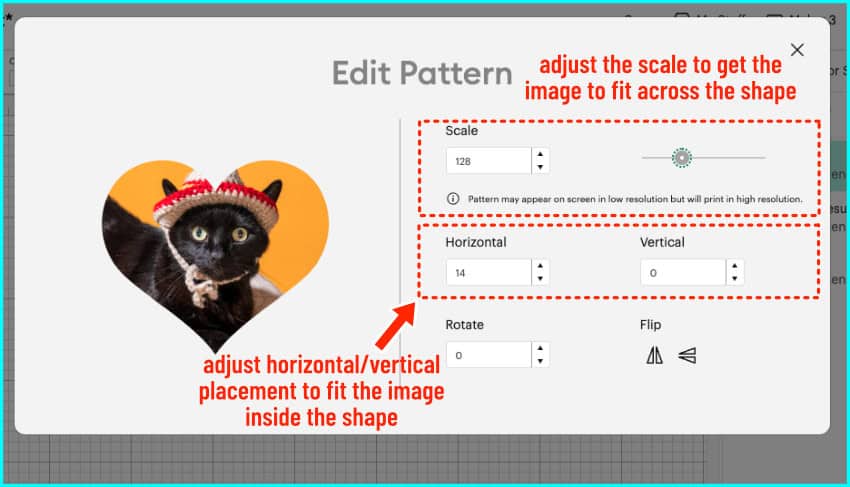 screenshot of edit pattern window in design space, showing how to adjust size and placement of pattern to fill a single shape with a photo