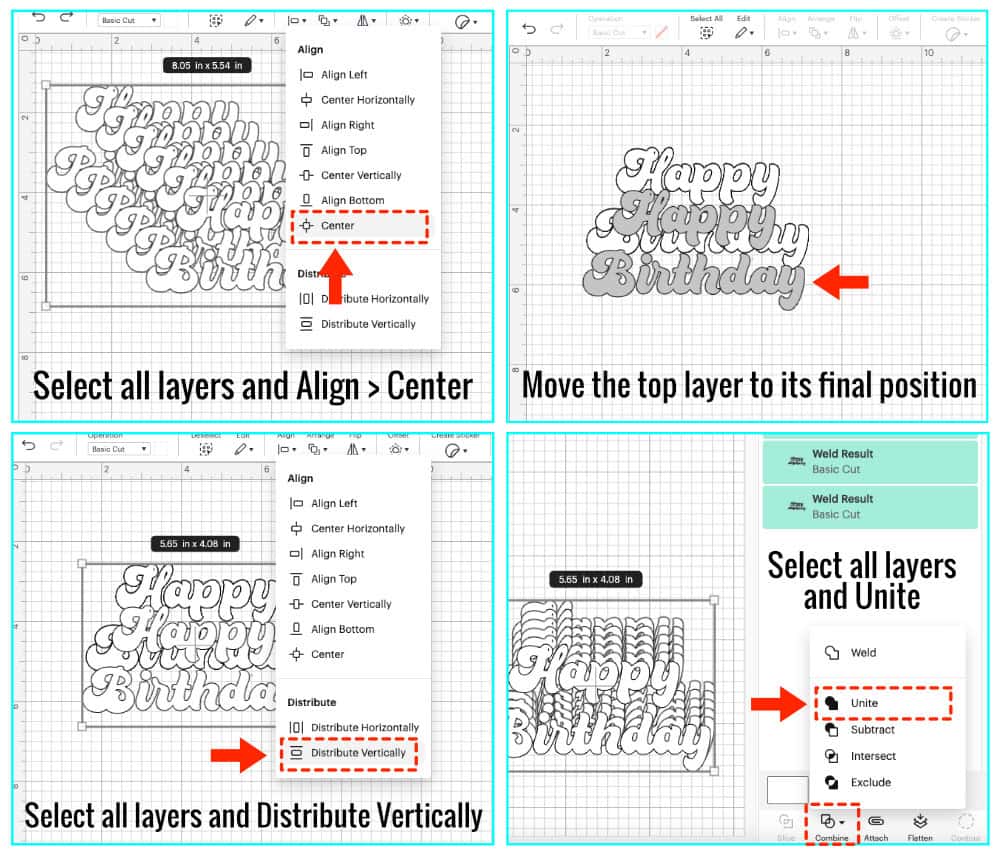 design space screenshot showing the steps in arranging and aligning text layers for the rainbow layered cake topper. First, the layers are all selected and centered. Then, the top text layer is pulled down to create the full range for the top text and rainbow drop shadows. Next, the layers are distributed vertically, and finally all the layers are United. 