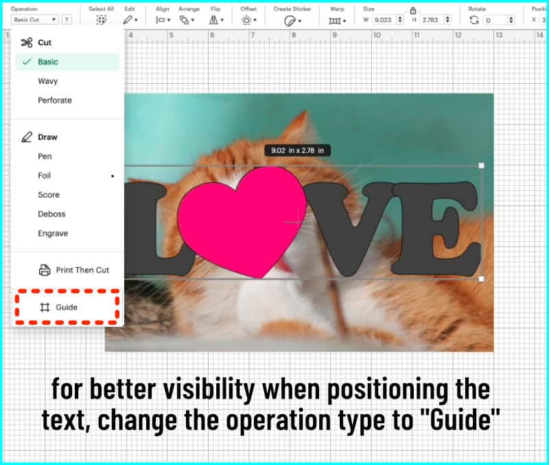 screenshot of text overtop of a photo in design space, showing that you can choose "Guide" as the operation type in order to see the image within the text