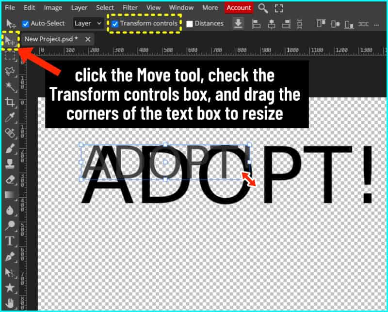 screenshot of photopea canvas showing how to use the move tool to resize text